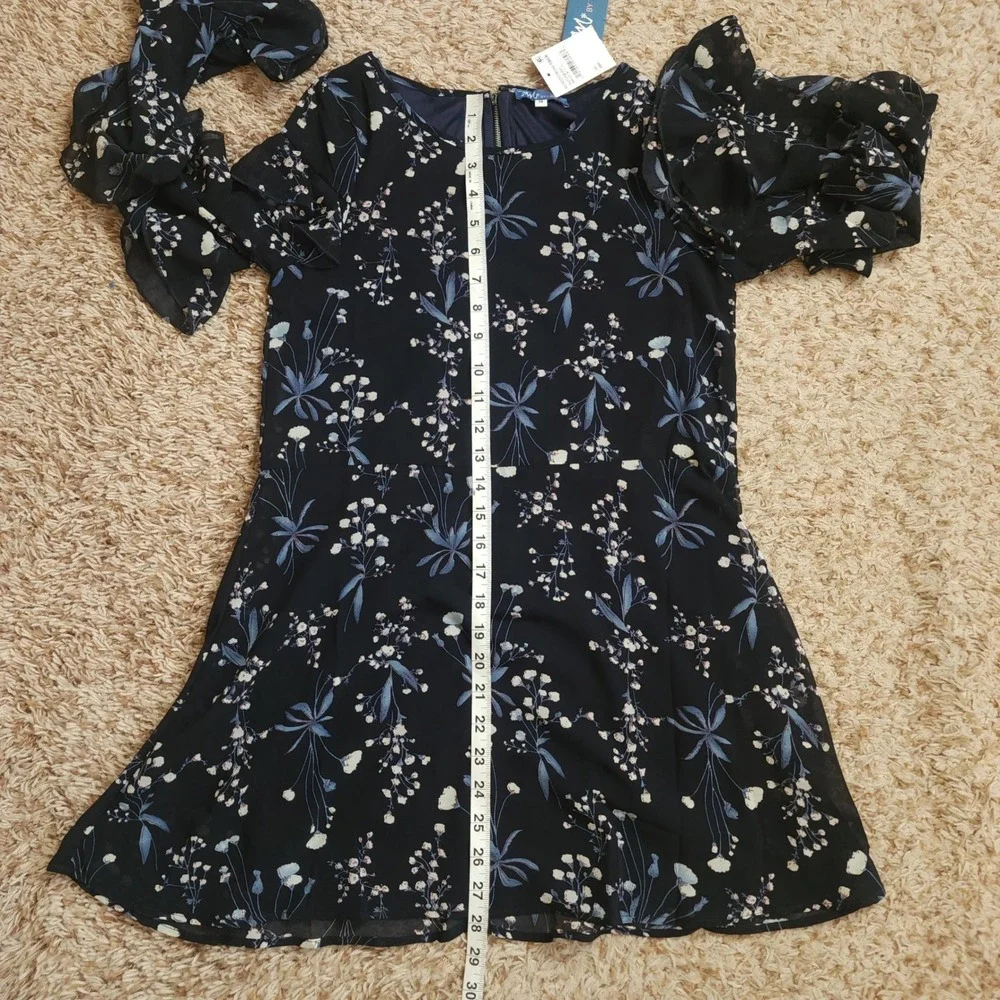 Truly Me Floral Chiffon Dress Girls 14 Navy Blue Ruffle Tiered Sleeve NWT